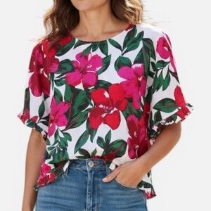 Tahari White Linen Top with Pink & Red Floral Ruffle Print, Size M
